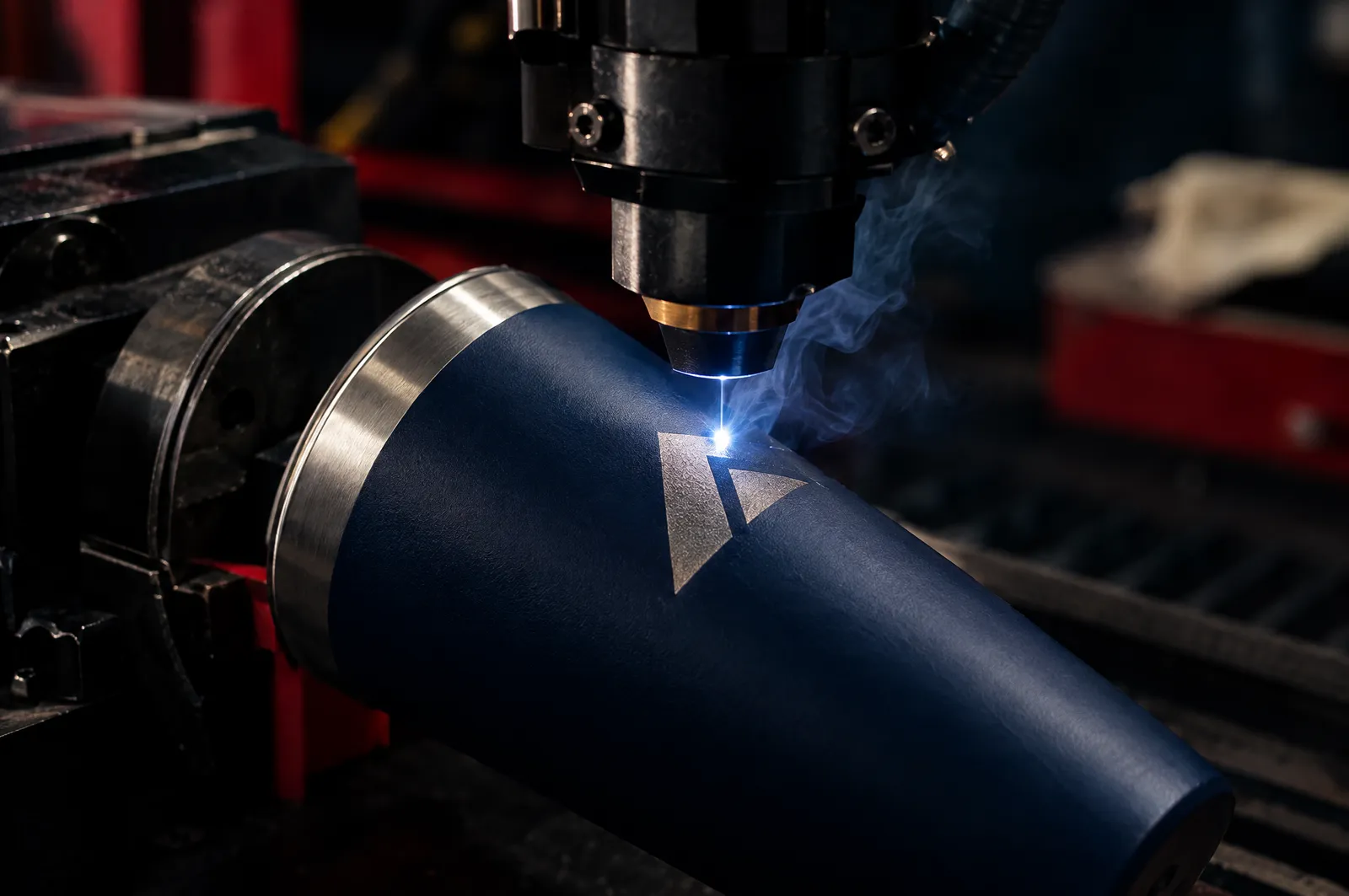 Cabezal láser grabando un emblema geométrico en un termo de acero azul marino