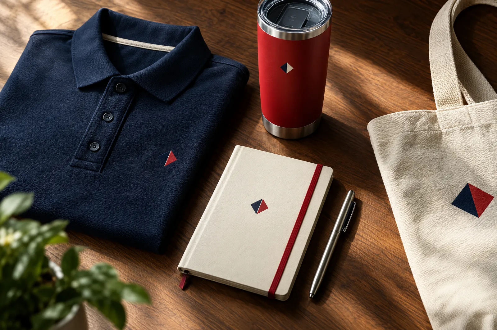 Kit de bienvenida con polo bordada, termo, libreta, pluma y bolsa de lona sobre una mesa de madera