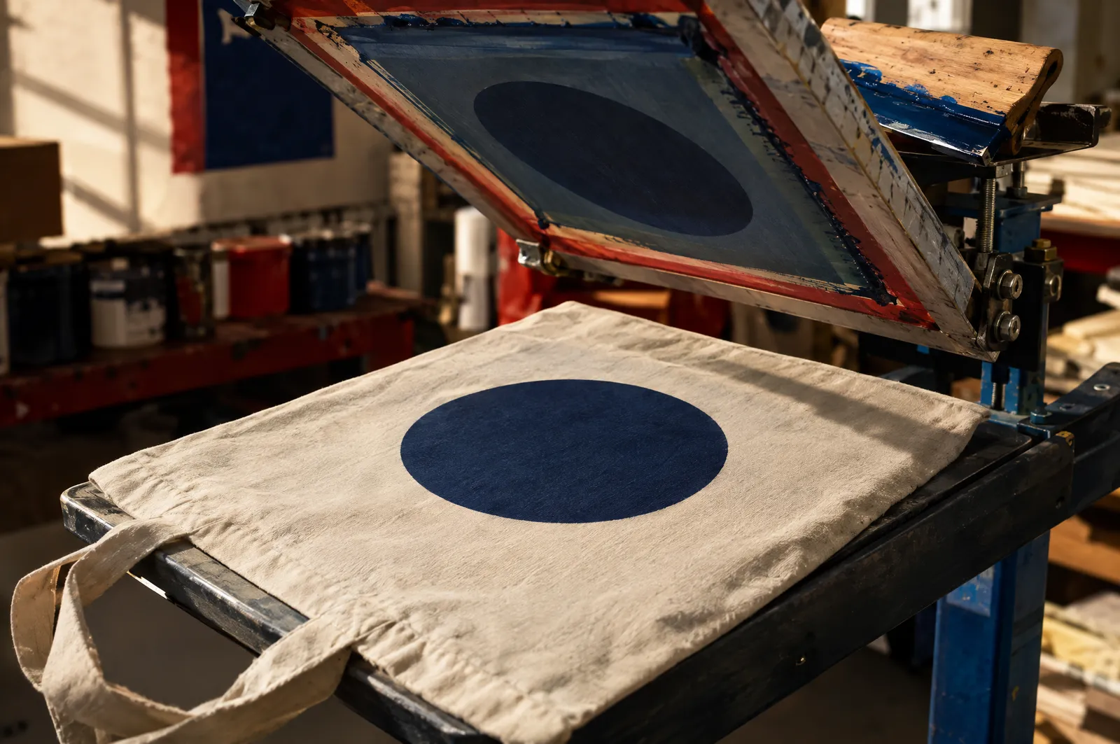 Bolsa de manta cruda sobre la platina de una prensa de serigrafía con un emblema redondo azul marino recién impreso