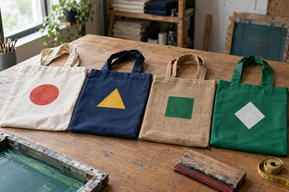 Bolsas de tela de manta cruda, lona azul marino, yute y tela no tejida verde sobre una mesa de taller, cada una con un emblema geométrico impreso al frente