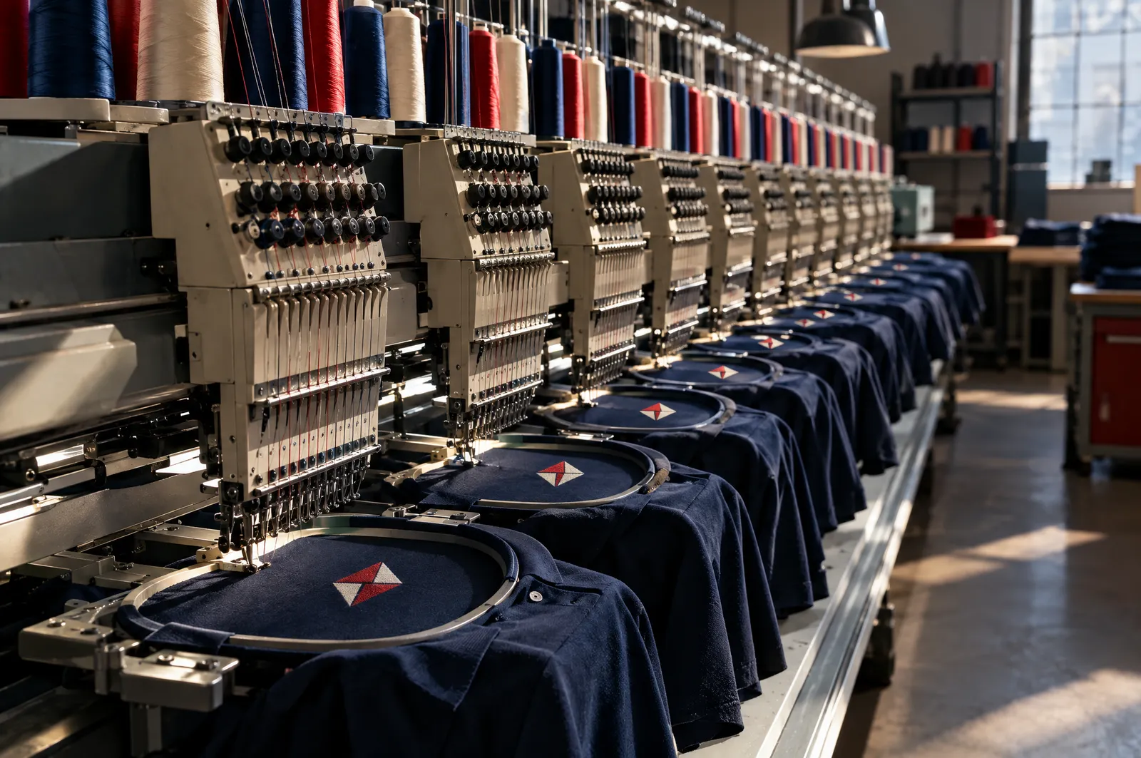 Máquina de bordado multicabezal bordando el mismo emblema en varias polos azul marino a la vez