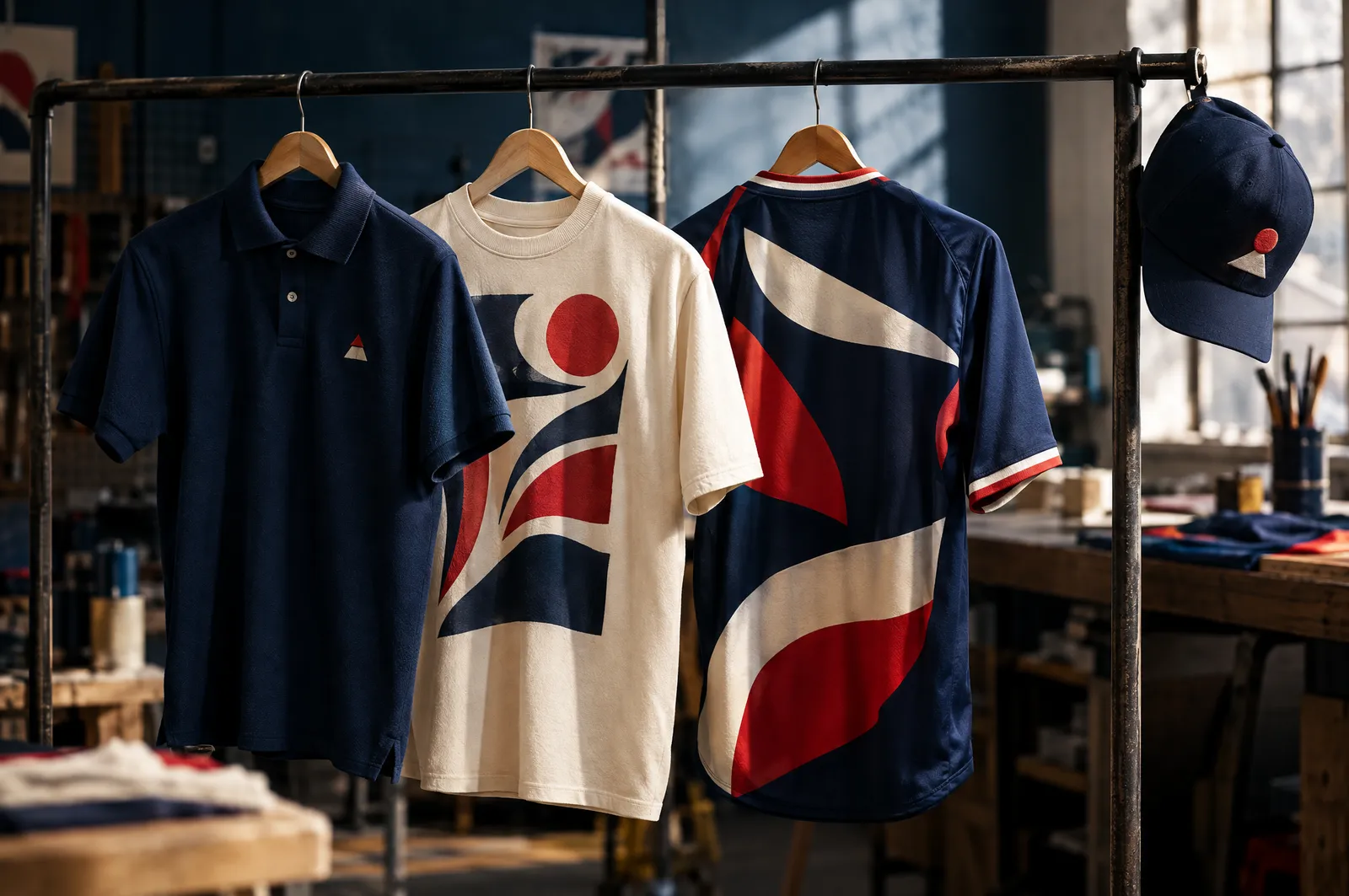 Perchero con polo bordada, playera de evento estampada, jersey deportivo y gorra bordada