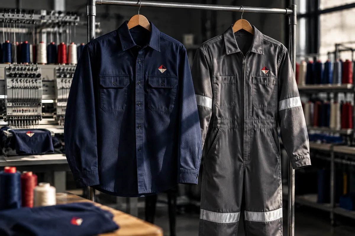 Camisola de trabajo azul marino y overol gris colgados en el taller, con un emblema bordado en el pecho