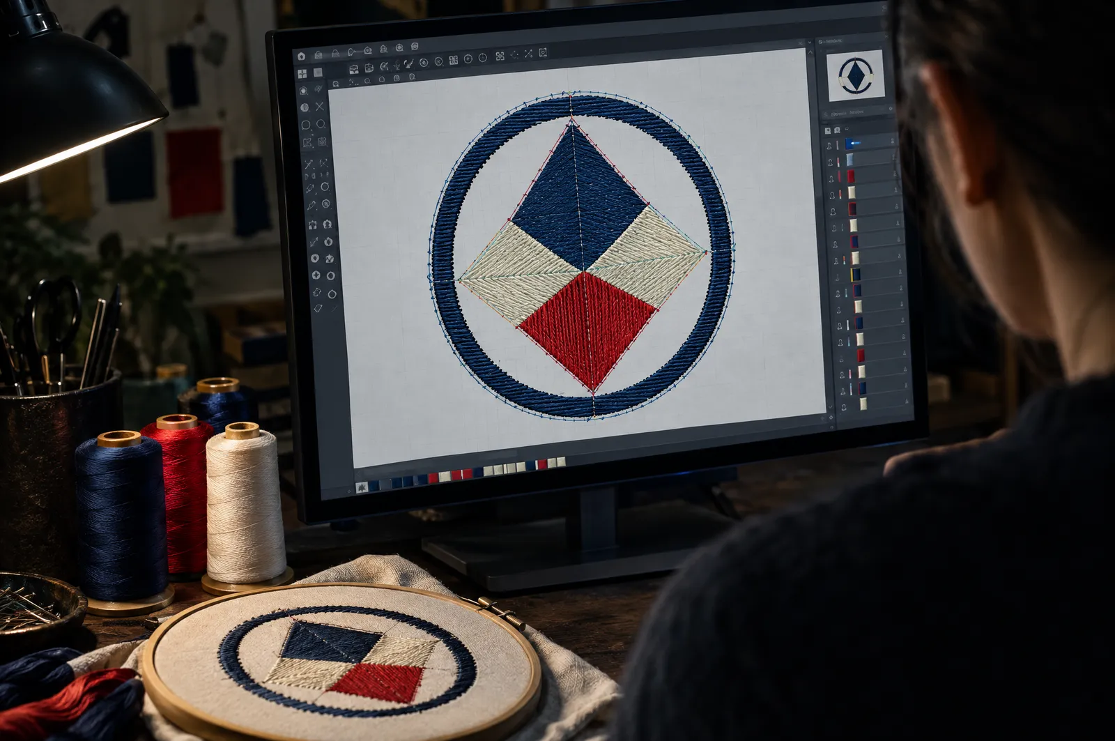 Pantalla con un emblema geométrico en software de digitalización, con las líneas de puntada visibles