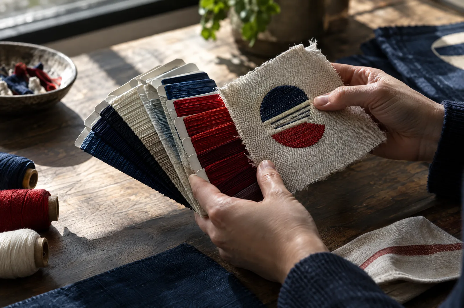 Manos comparando una muestra bordada con una carta de colores de hilo