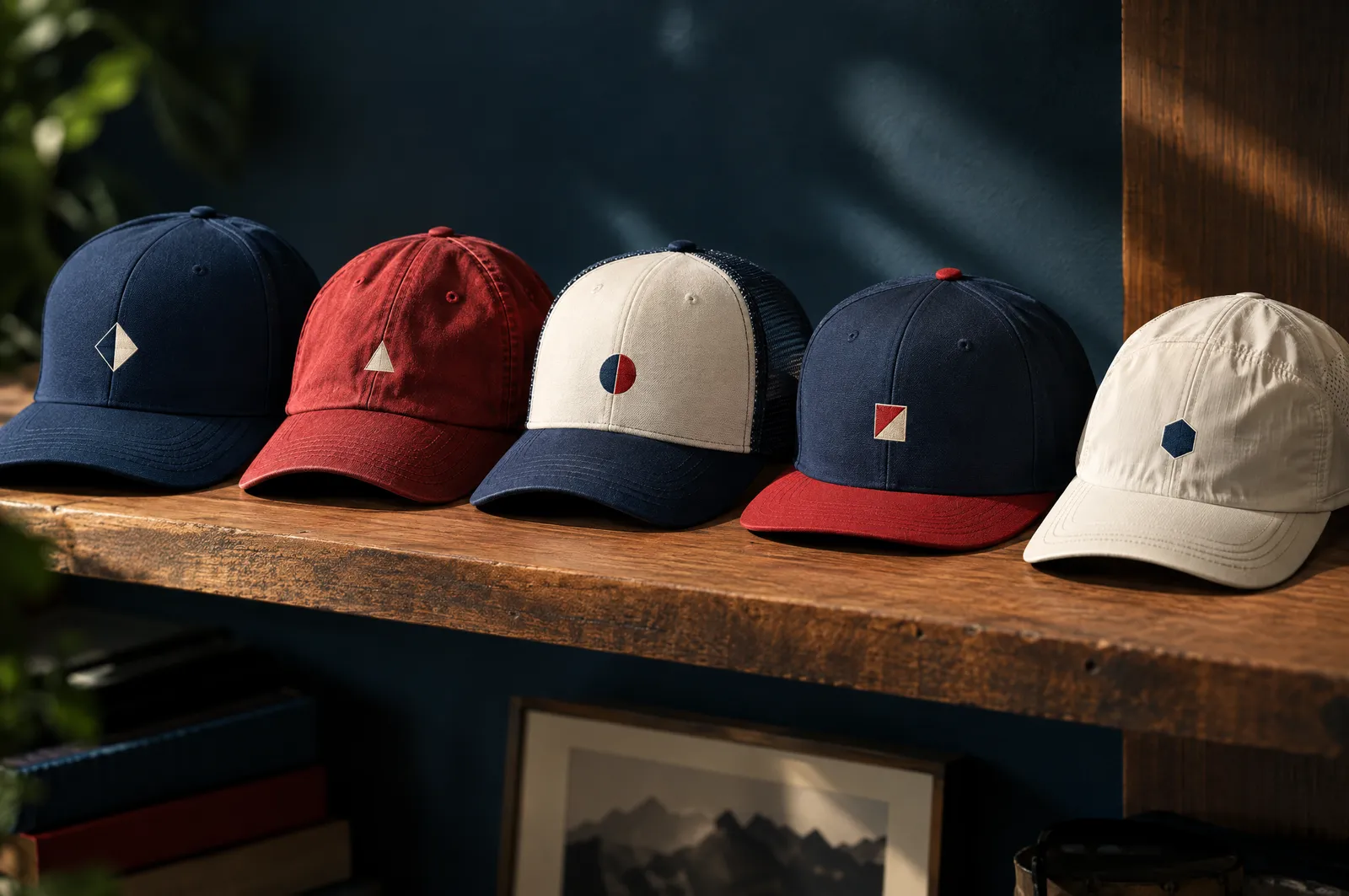 Cinco tipos de gorra en una repisa: estructurada, sin estructura, trucker, snapback y deportiva