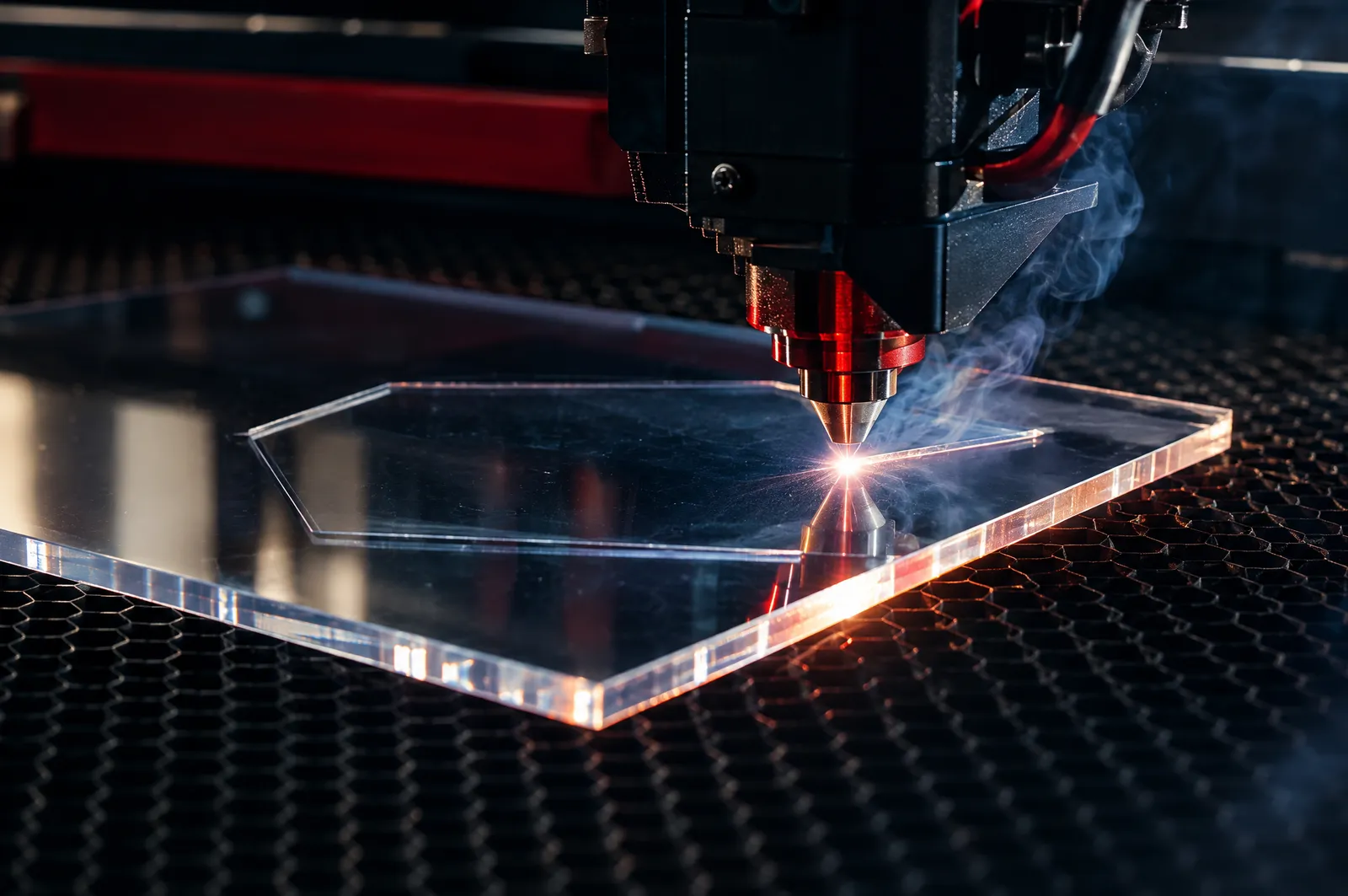 Láser cortando una lámina de acrílico transparente en una forma geométrica