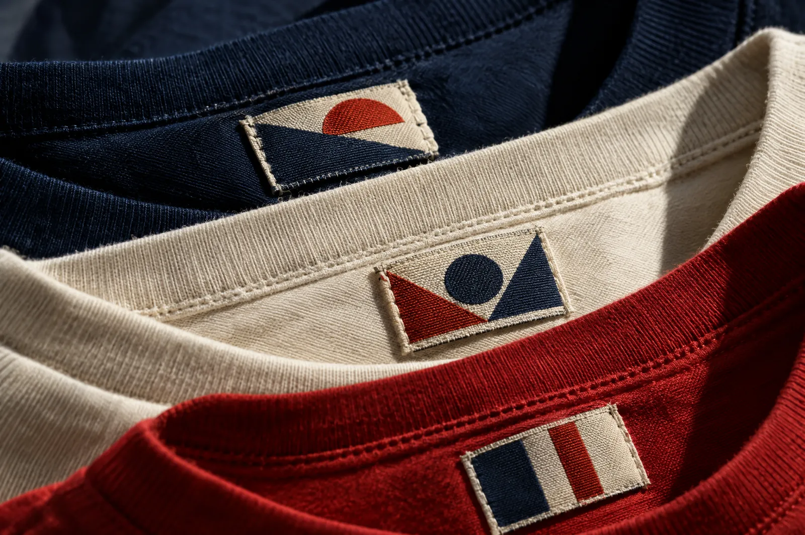 Etiquetas tejidas con un patrón geométrico cosidas en el cuello de playeras dobladas