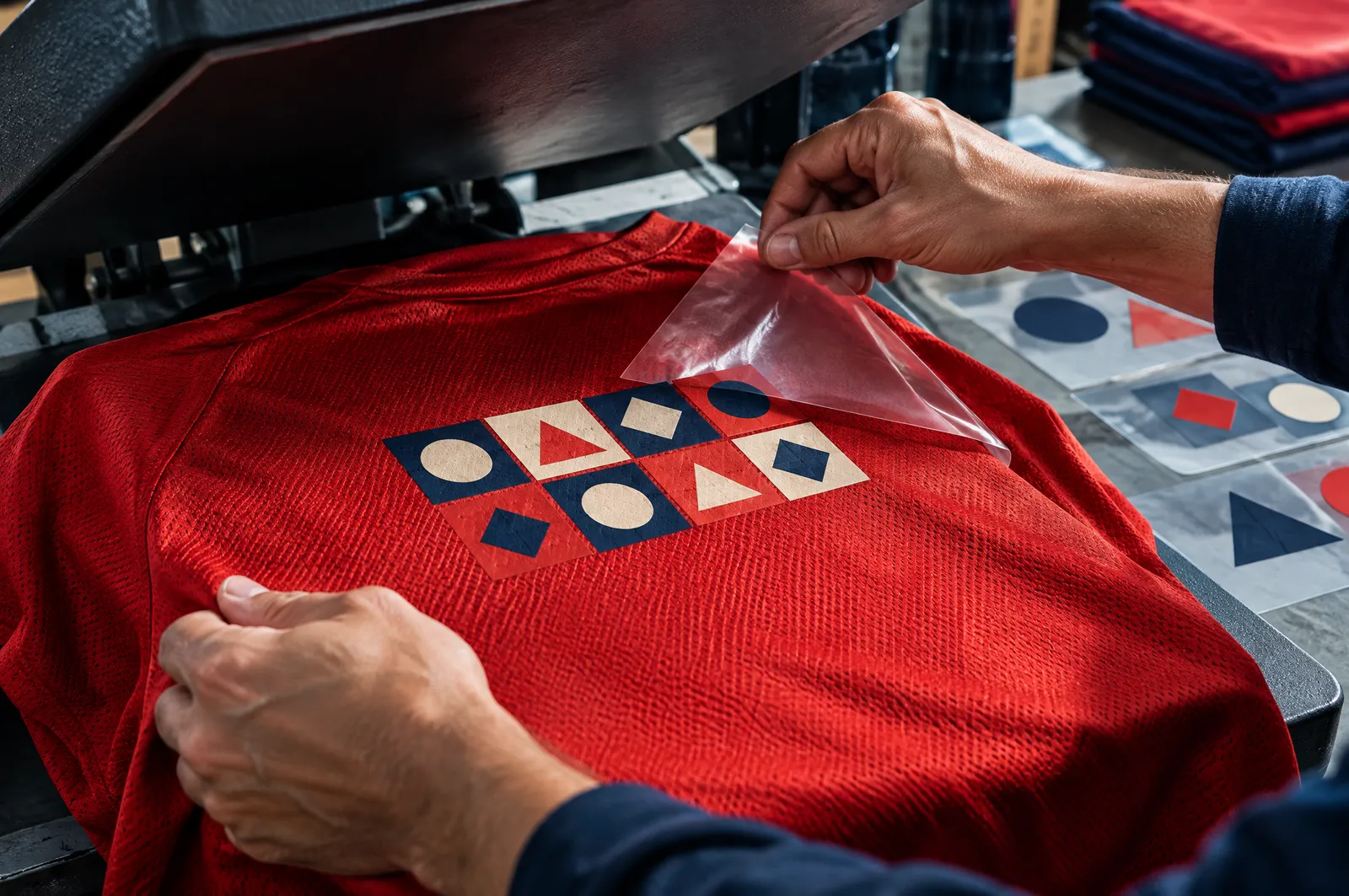 Manos retirando el film de un estampado DTF con varios emblemas de patrocinadores en la espalda de una playera dry-fit roja