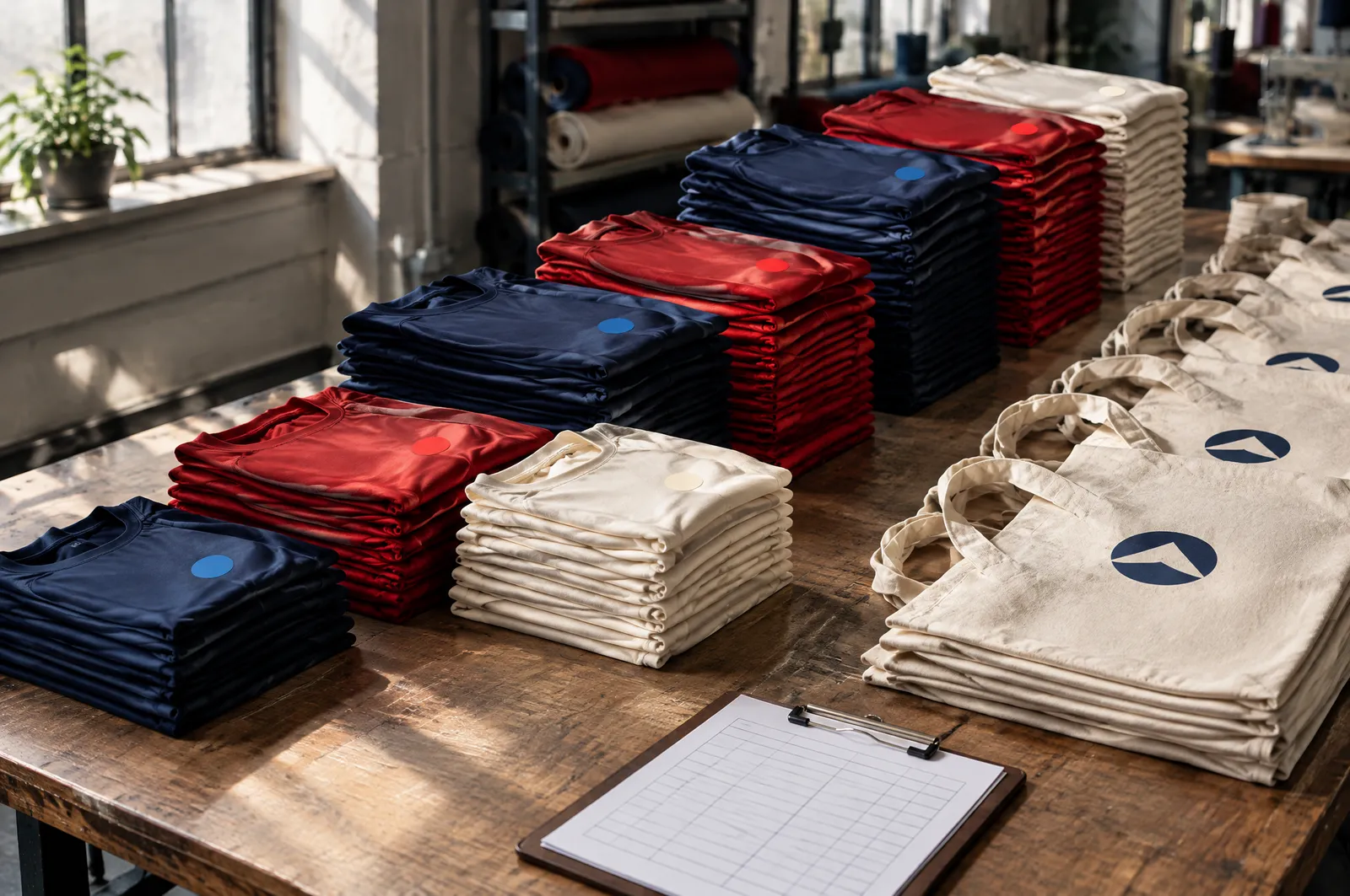 Pilas de playeras dry-fit separadas por talla y bolsas de manta para armar los kits de una carrera sobre una mesa del taller