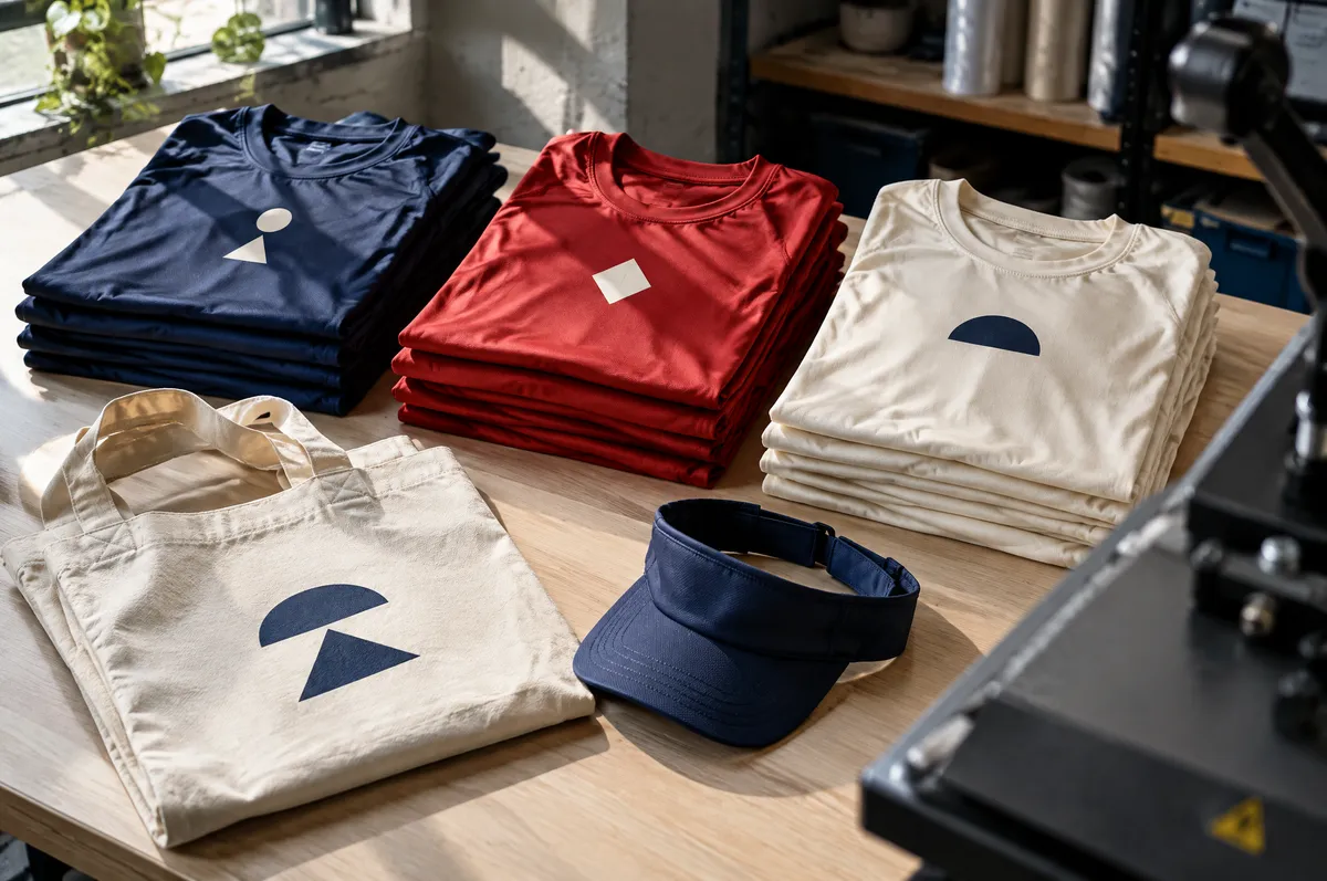 Playeras dry-fit azul marino, rojas y crema dobladas con un emblema estampado en el pecho, junto a una bolsa de manta y una visera sobre una mesa del taller