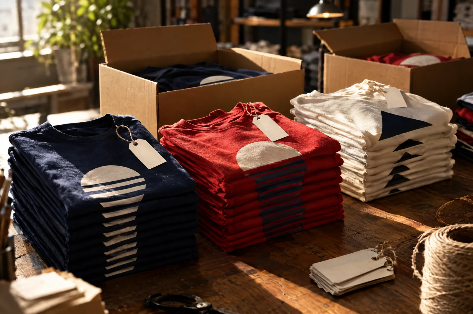 Pilas de playeras estampadas separadas por talla sobre una mesa de empaque