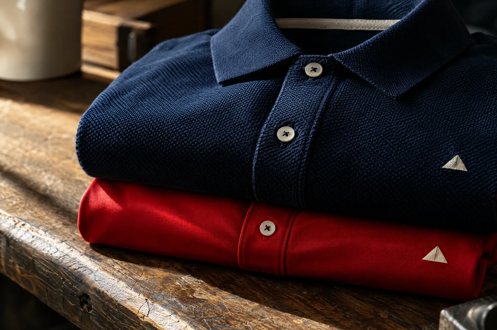 Dos polos dobladas, una de piqué azul marino con textura de panal y otra de poliéster rojo liso