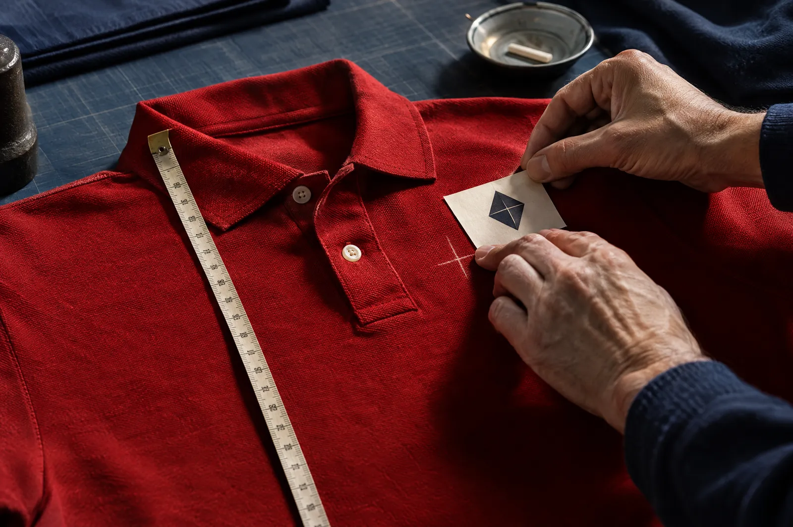 Manos colocando una plantilla de papel en el pecho izquierdo de una polo roja, con cinta de medir junto a la tapeta