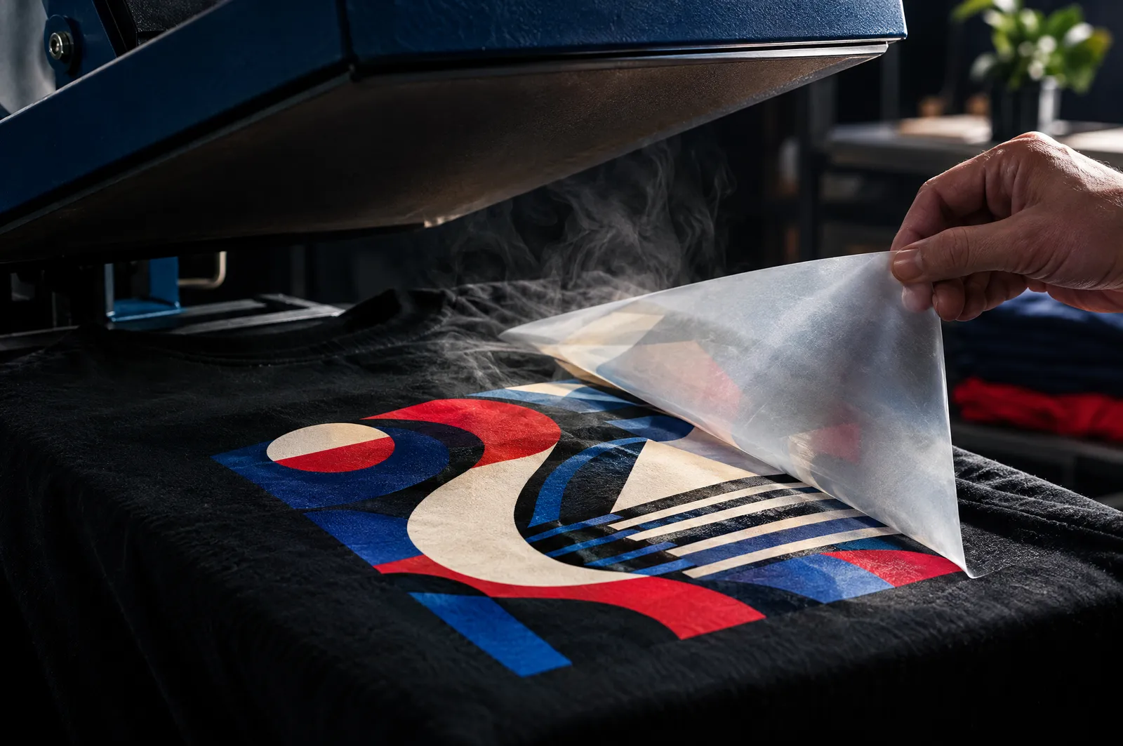 Plancha de calor abierta sobre una playera negra con un diseño DTF a todo color recién transferido