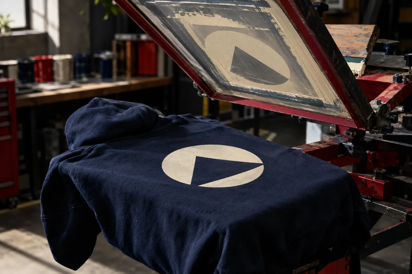 Prensa de serigrafía estampando un emblema geométrico grande en la espalda de una sudadera azul marino