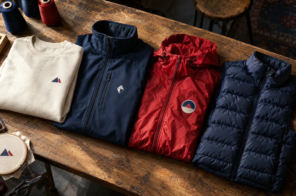 Sudadera crema, chamarra softshell azul marino, rompevientos rojo con un parche cosido y chaleco acolchado sobre una mesa de taller con conos de hilo