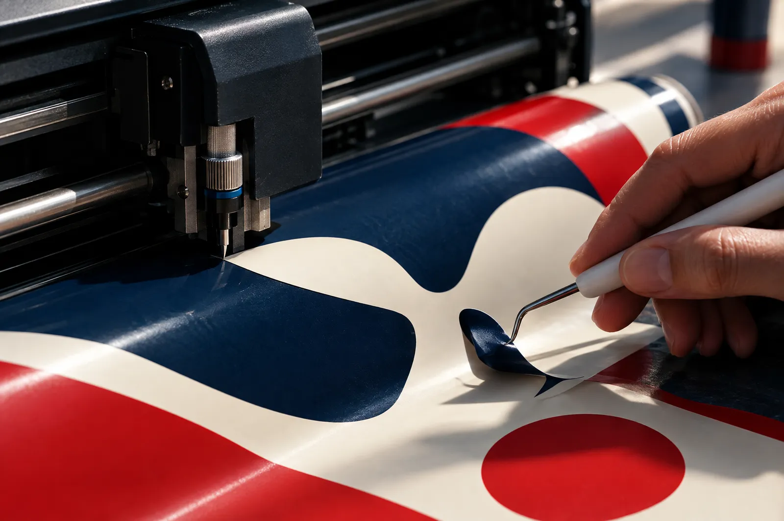 Navaja de plotter cortando vinil textil y el deshierbe del sobrante