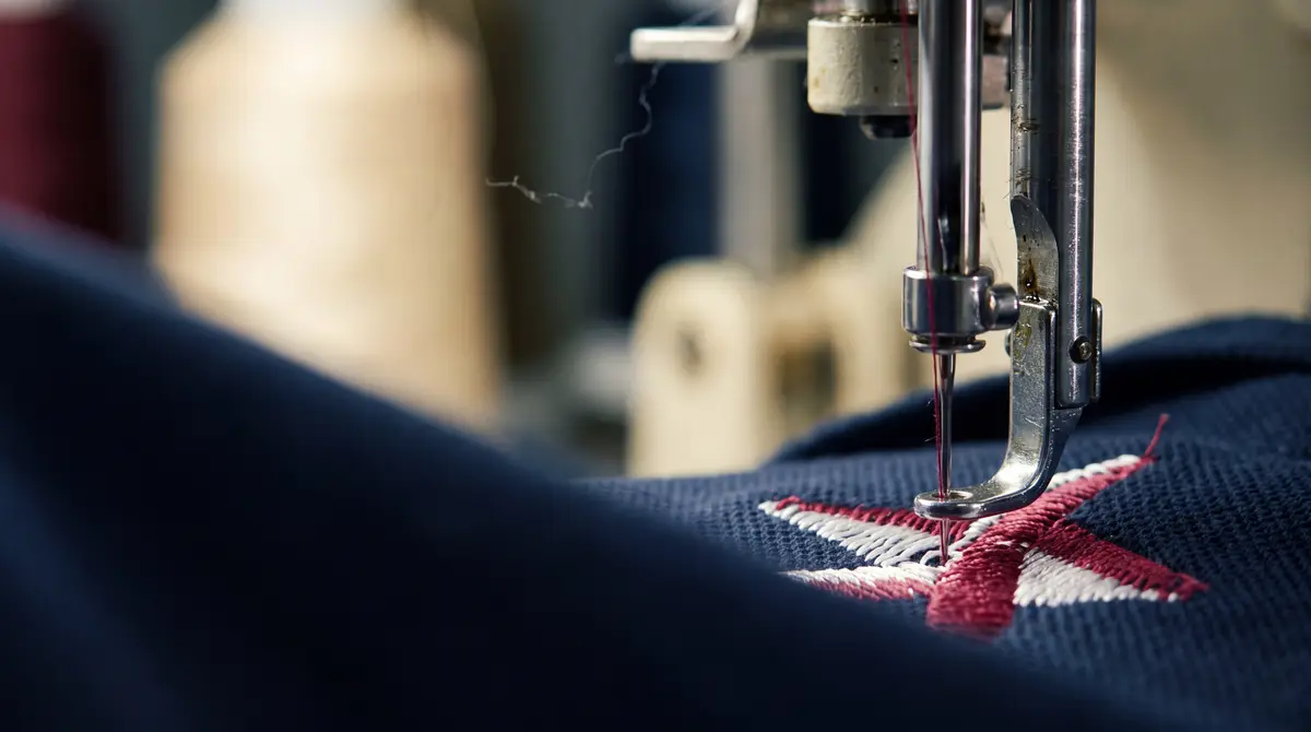 Aguja de una máquina de bordado industrial cosiendo un emblema de hilo rojo y blanco sobre tela azul marino