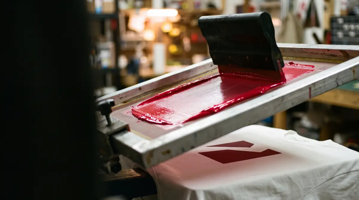 Escurridor arrastrando tinta roja sobre la malla de un marco de serigrafía, con la playera impresa debajo