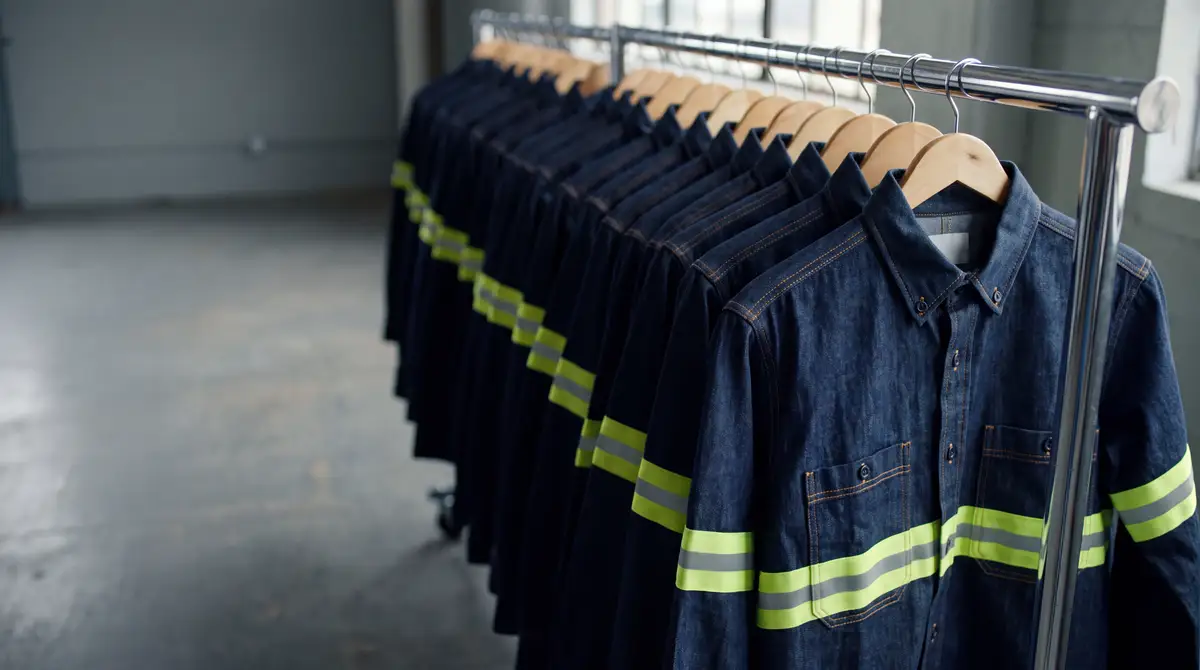 Perchero con camisas de uniforme de mezclilla índigo con bandas reflejantes amarillas en pecho y mangas