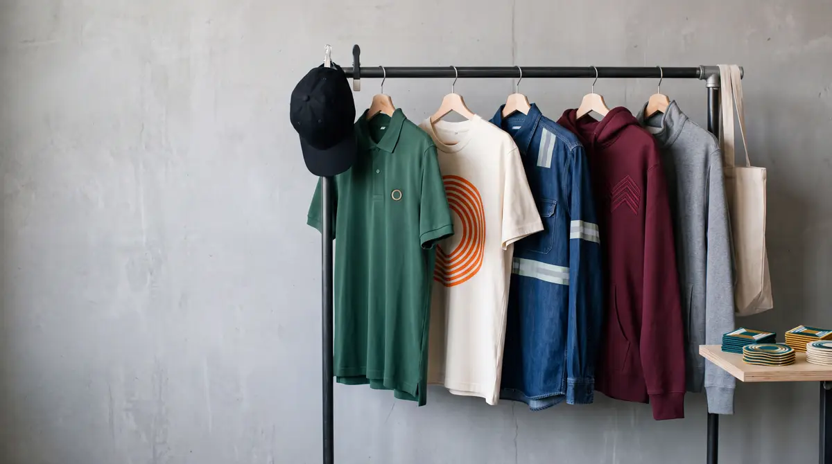 Perchero con gorra, polo verde con emblema bordado, playera estampada, camisa de mezclilla y sudaderas vino y gris junto a una mesa con parches