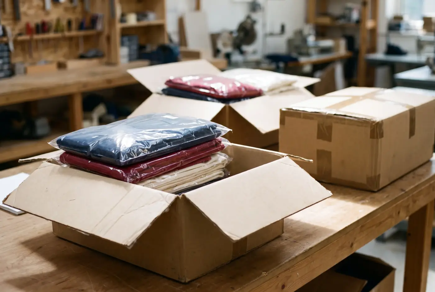 Cajas de cartón abiertas con prendas dobladas y embolsadas por color, listas para repartir
