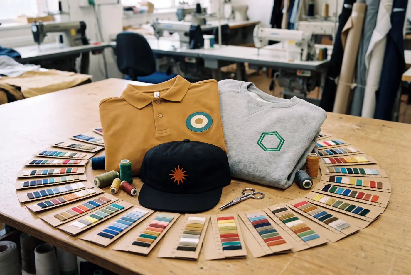 Tres muestras bordadas —polo mostaza, sudadera gris y gorra negra— rodeadas de cartas de color de hilo