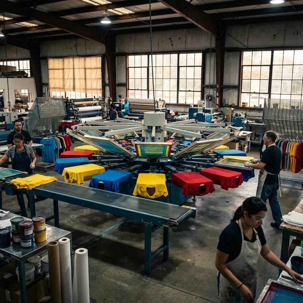 Prensas automáticas de serigrafía textil en el taller de T-Lobordo en Monterrey