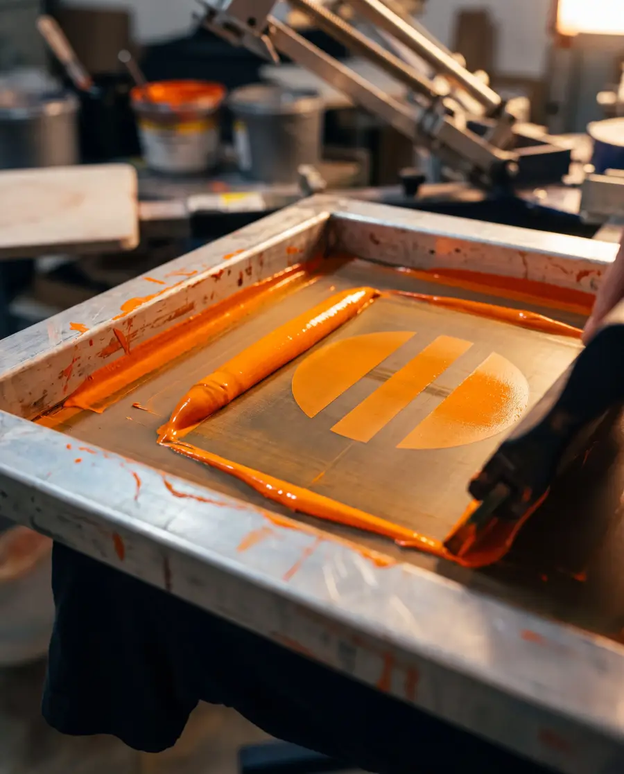 Marco de serigrafía con tinta naranja inundando la malla y el escurridor listo para el jalón